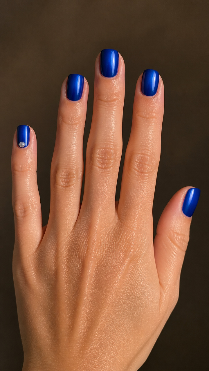 Frosted Cobalt Short Nails with Pearl Corners