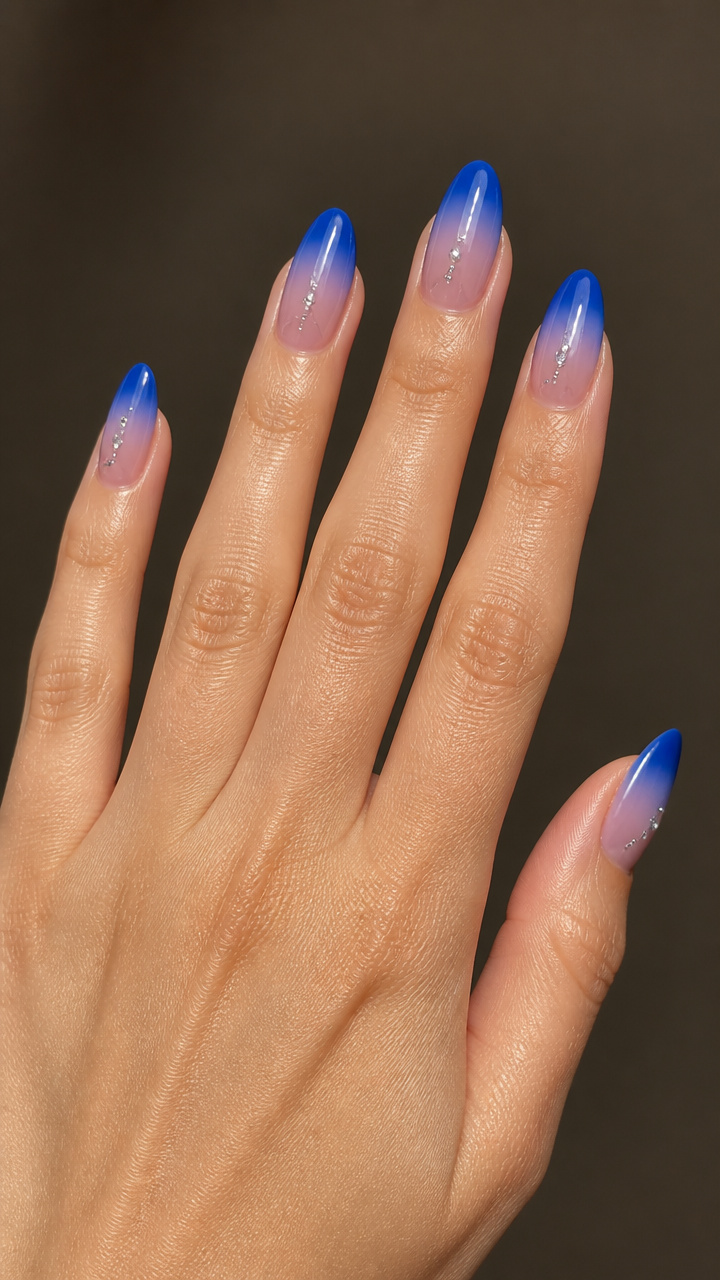 Cobalt Blue Ombre Glaze with Rhinestone Trail