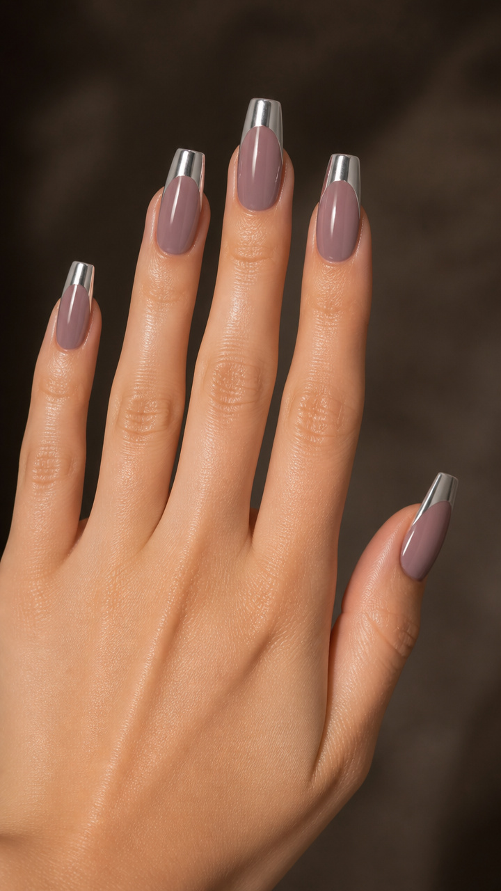 Frosted Mauve Coffin Nails with Icy Chrome Tips