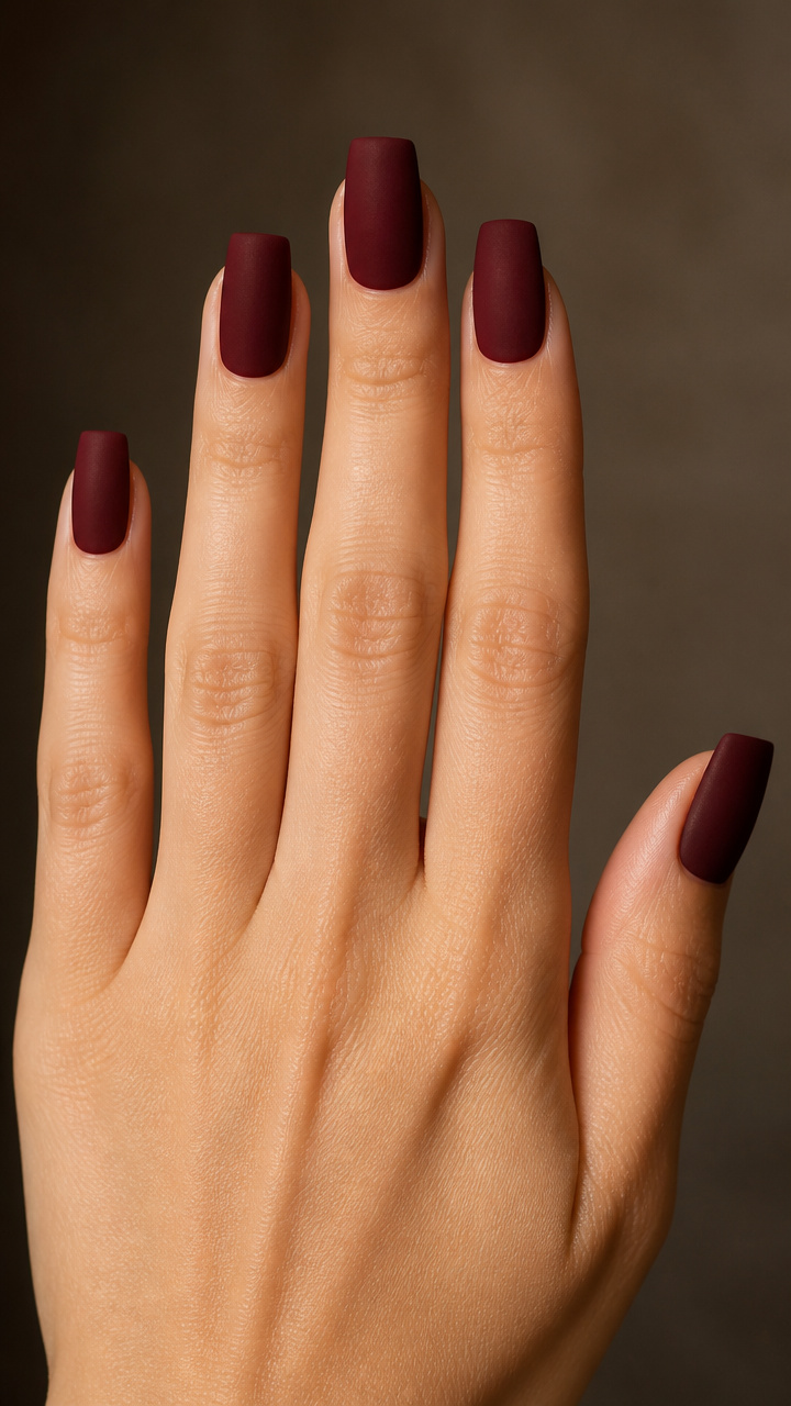 Deep Burgundy Square Nails with Velvet Matte Finish