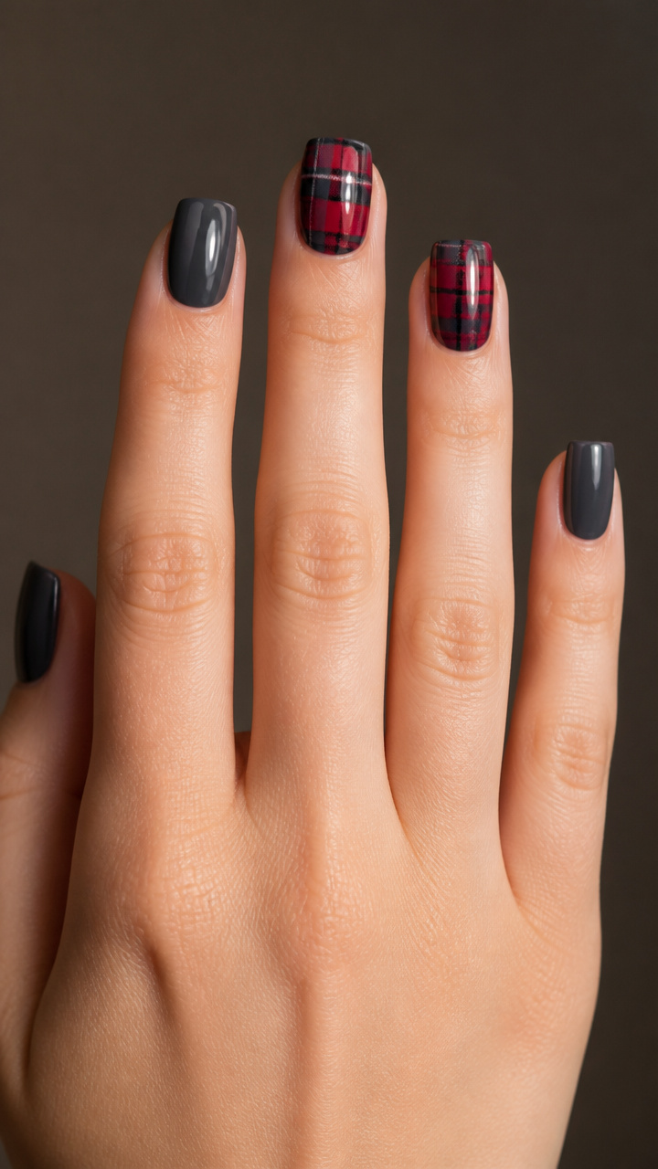 Charcoal Gray with Red Plaid Detail