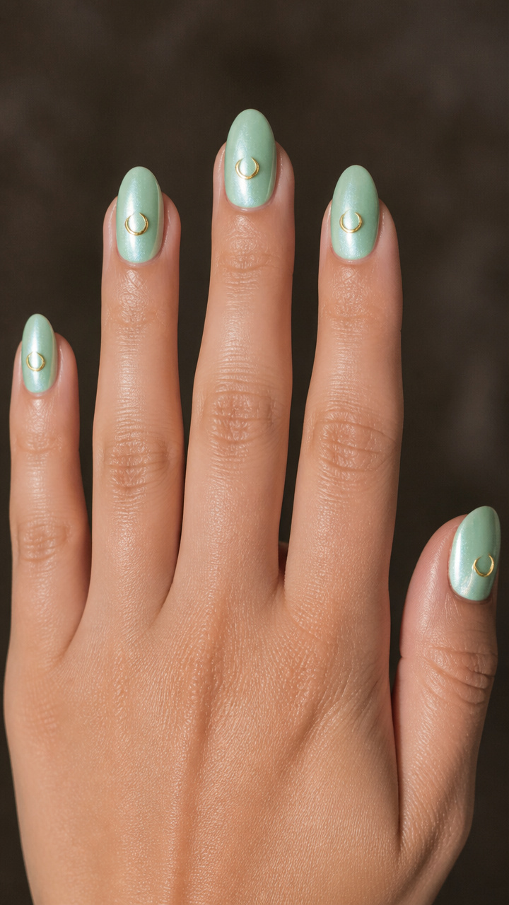 Pearlized Mint with Gold Crescent Moon