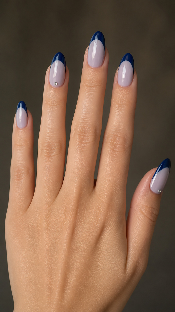 Midnight Blue French Tips with Rhinestones
