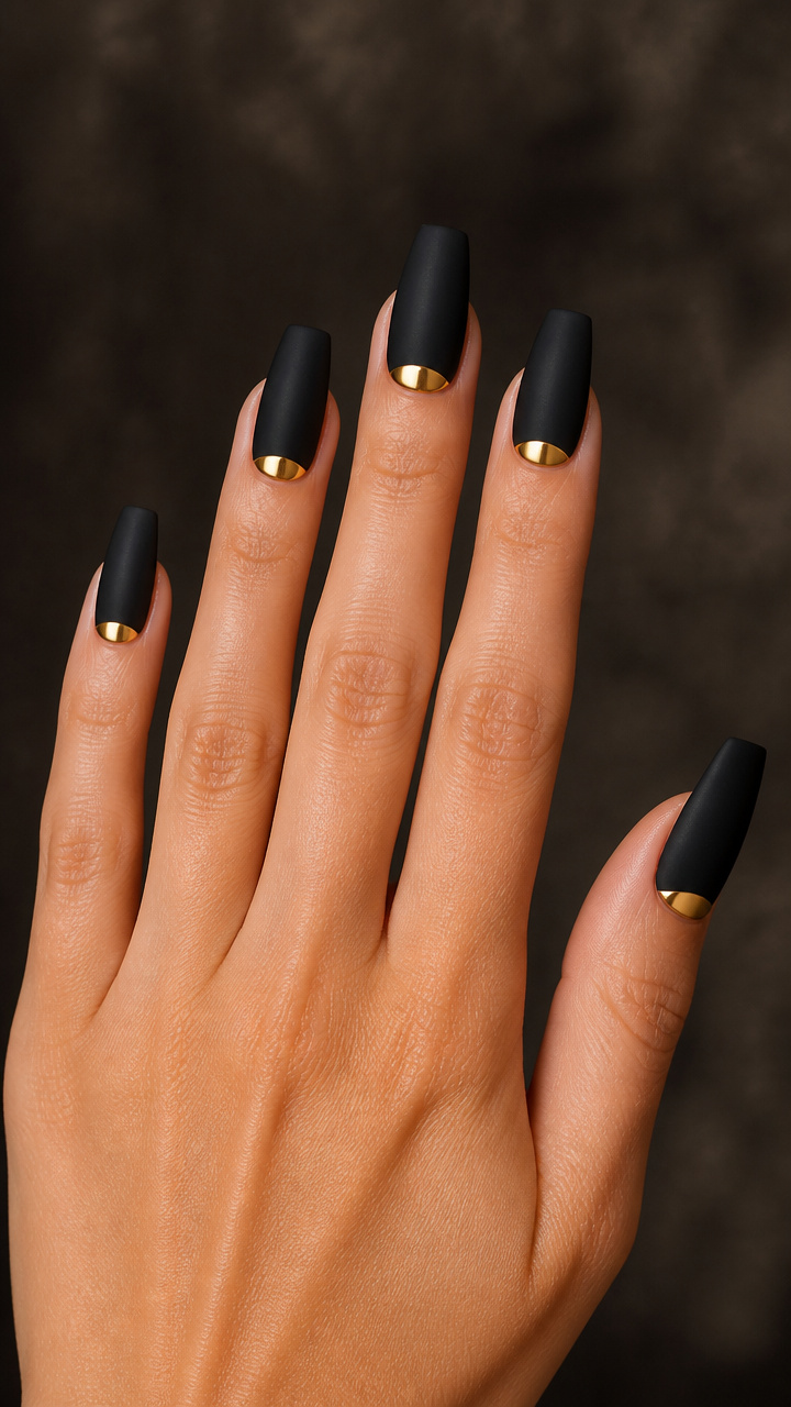 Gold Half-Moon Accents on Matte Black Coffin Nails