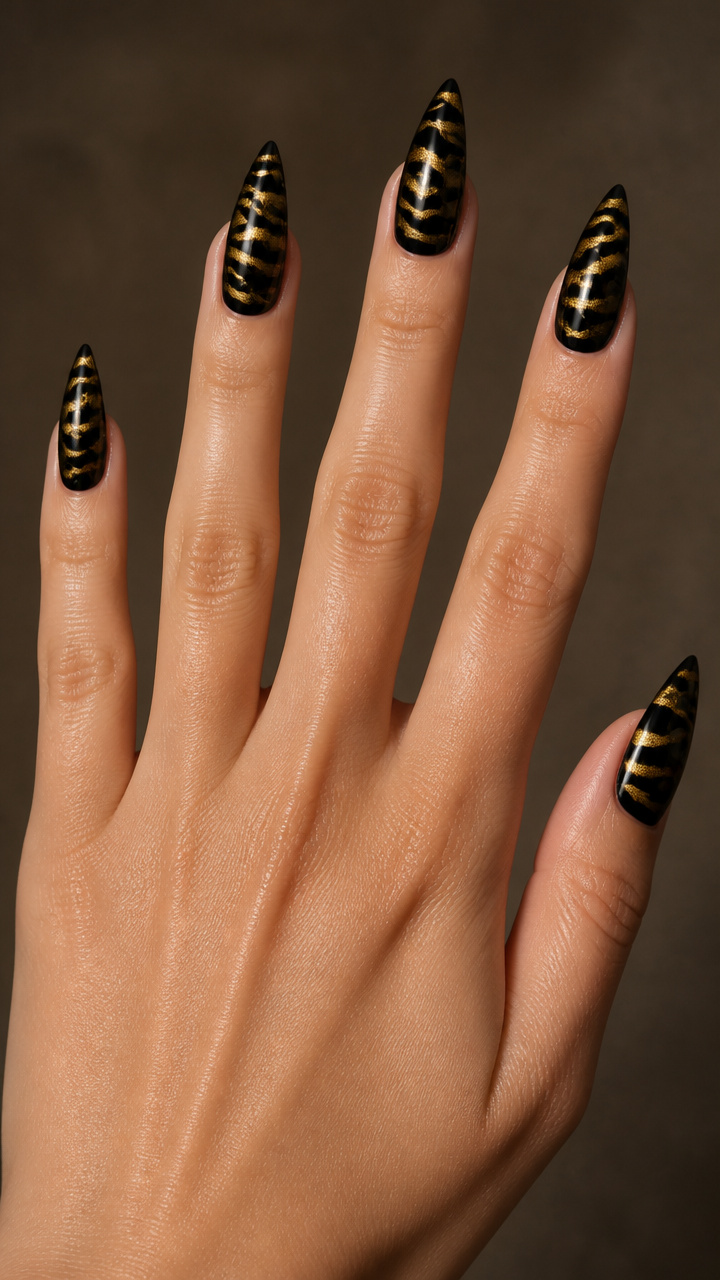 Black Stiletto Nails with Gold Tiger Stripe Accents