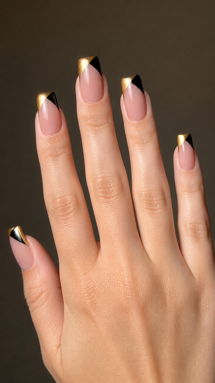 Dual-Tone Gold and Black French Tips on Square Nails