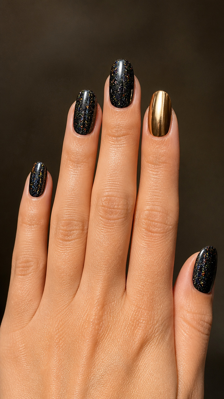 Black Holographic Sparkle with Gold Accent Nail