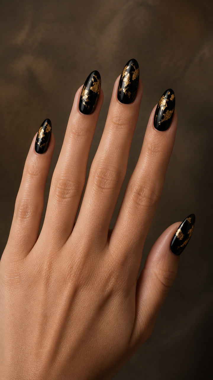 Gold Leaf Fragments on Jet Black Almond Nails