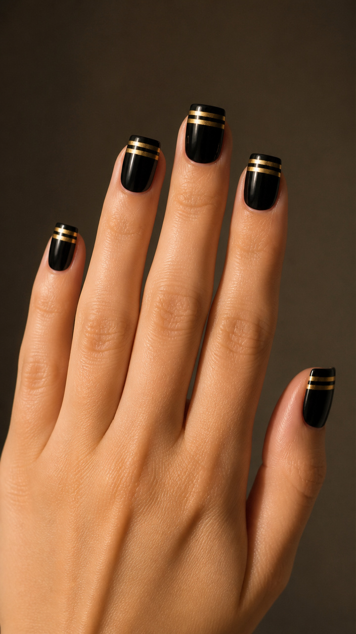 Double Gold Band Design on Short Black Square Nails
