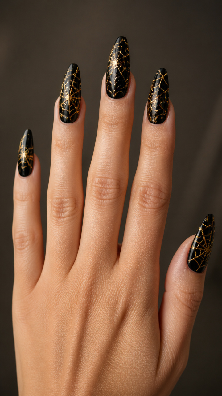 Gilded Spiderweb Art Over Deep Black Nails