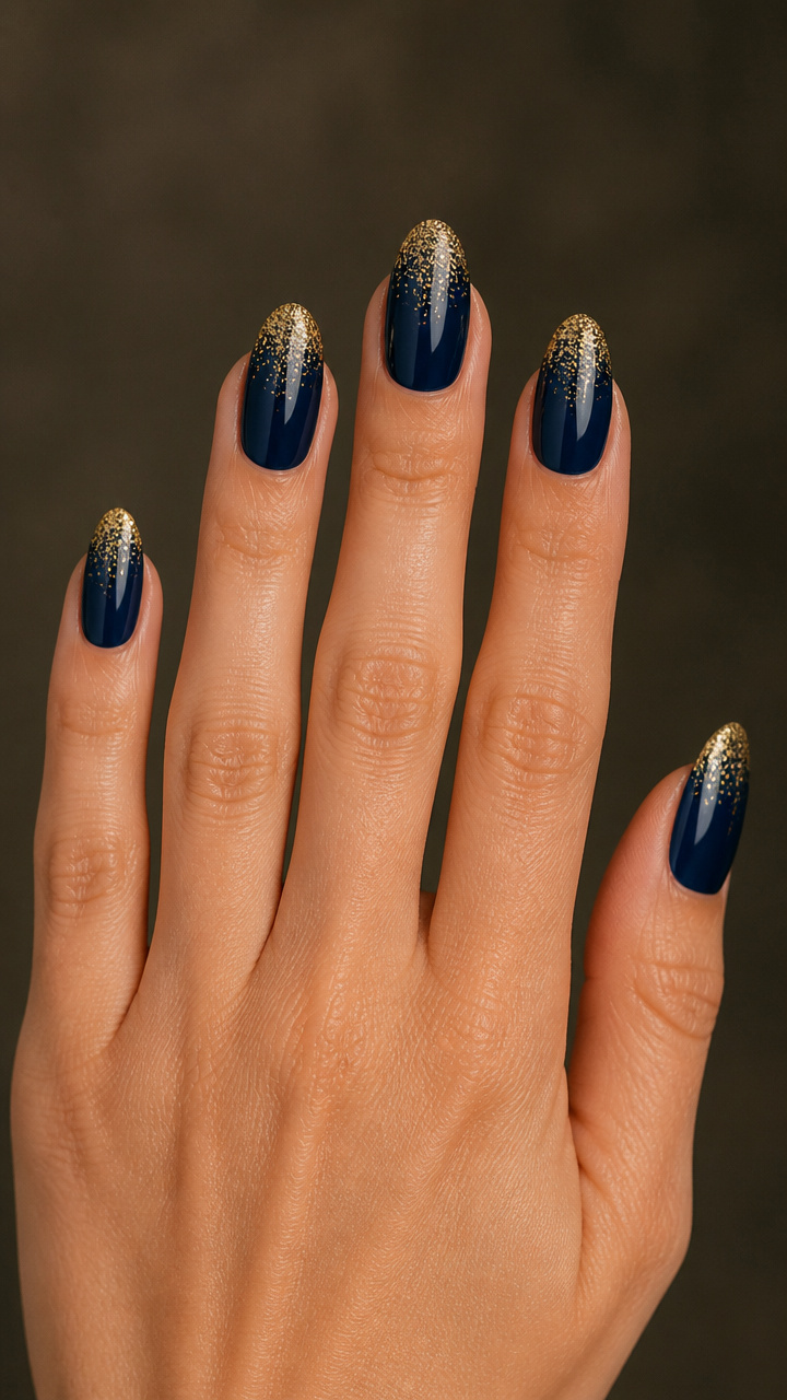 Navy Blue with Gold Micro Glitter Dip