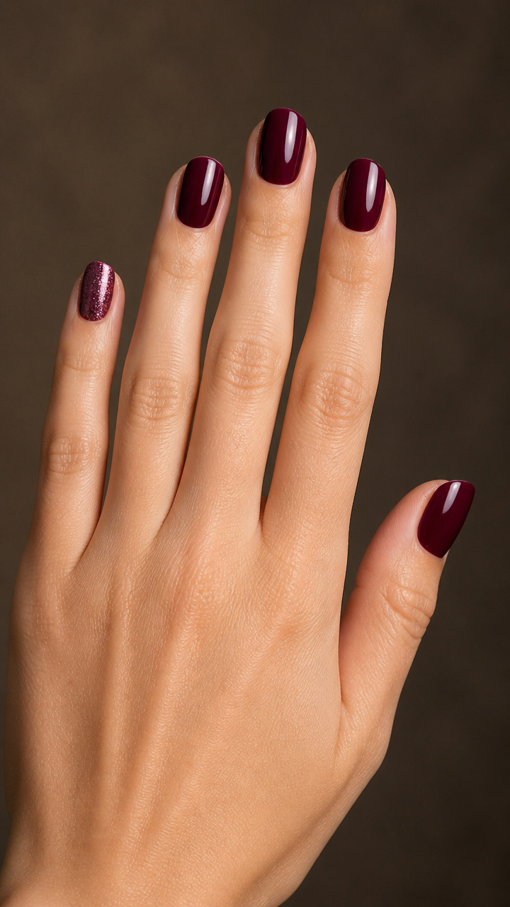 Plum Wine with Glossy Finish and One Shimmer Nail