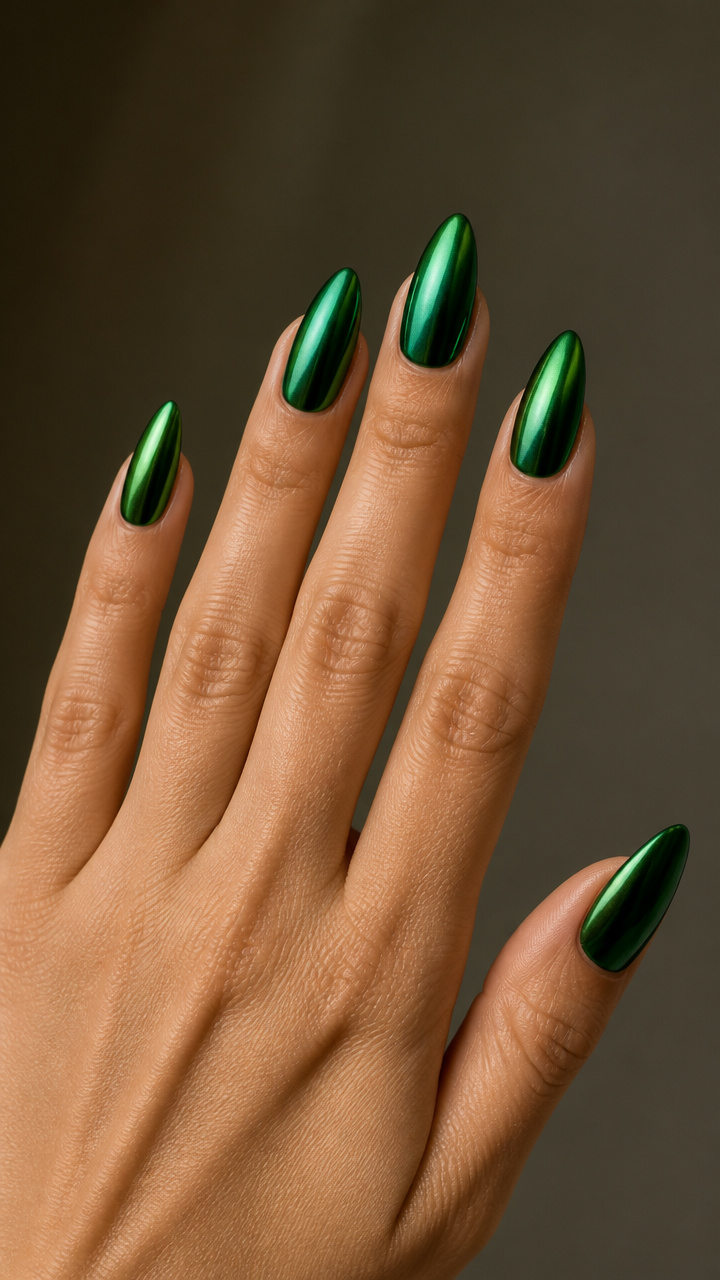 Deep Emerald Chrome Almond Nails