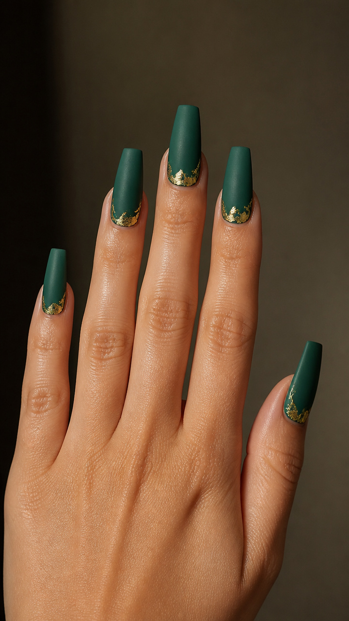 Forest Green Matte Coffin Nails with Gold Leaf Accents