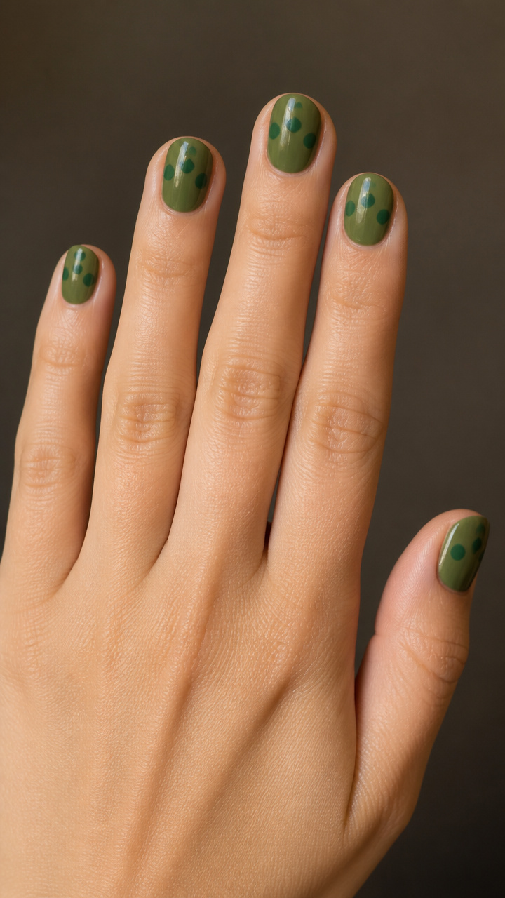 Moss Green Polka Dots on Round Nails