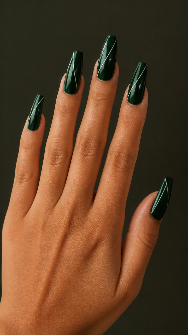Dark Emerald Press-On Nails with Minimalist Lines