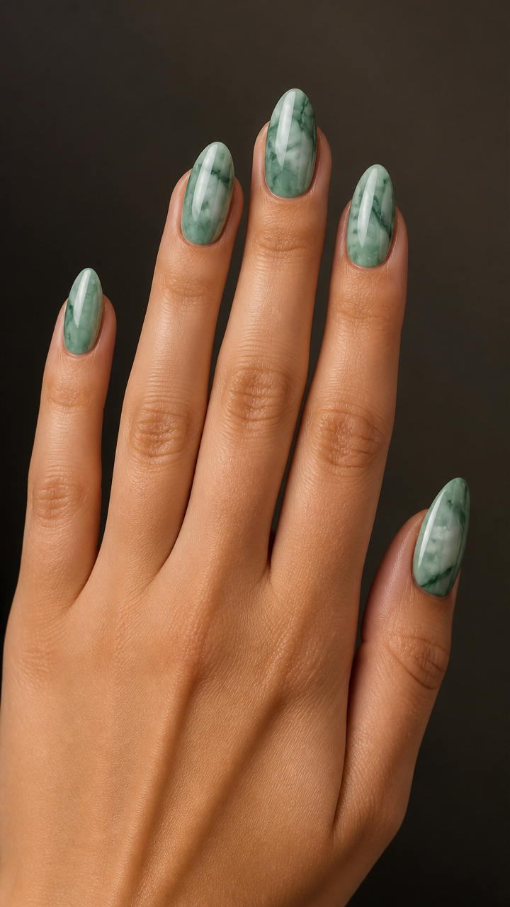 Jade Marble Effect on Almond Nails