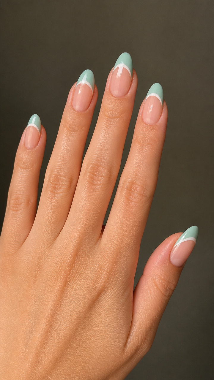 Mint Green Almond Tips with White Accents