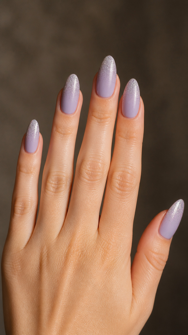 Frosted Lilac Almond with Silver Micro Glitter