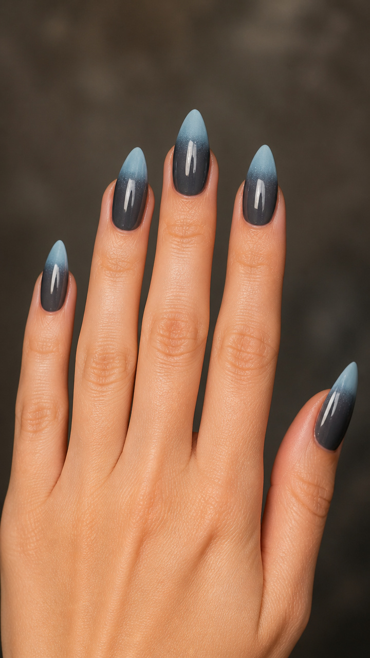 Charcoal Gray Almond Nails with Icy Blue Ombre