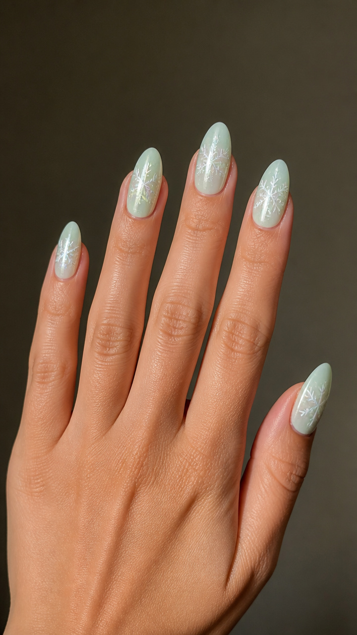 Mint Frost Almond Nails with Snowflake Detail