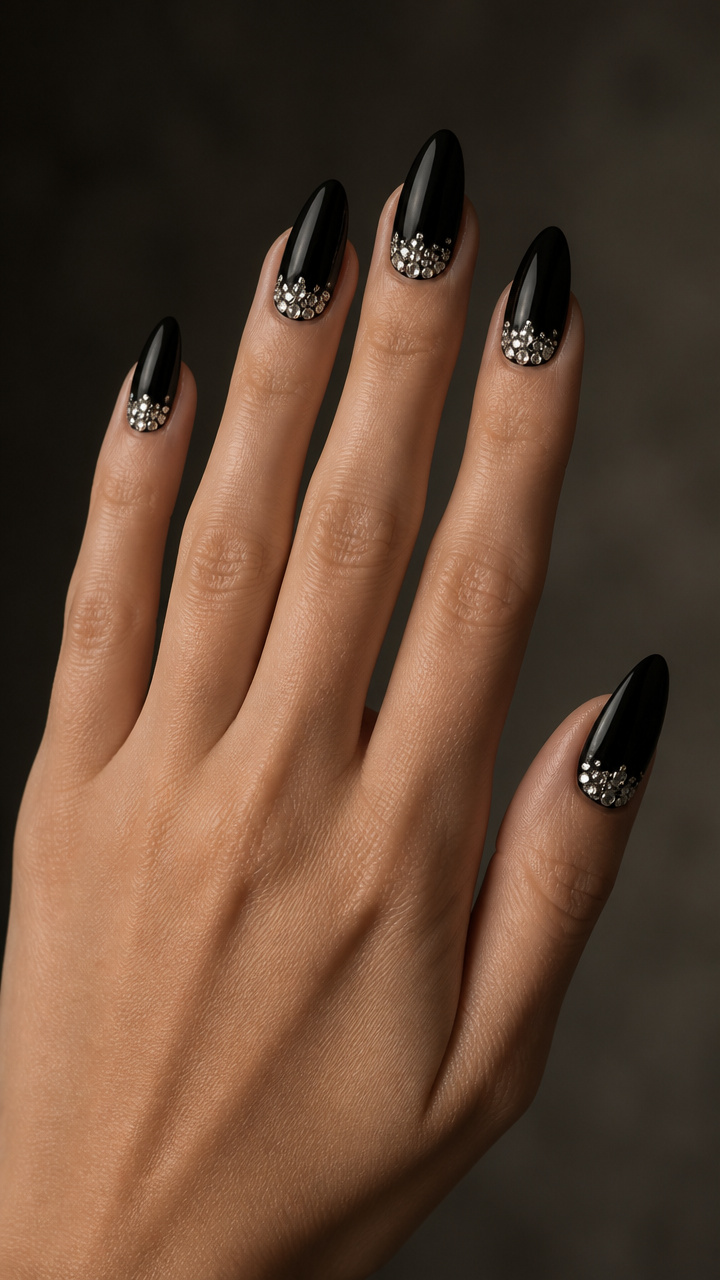 Black Almond Nails with Diamond Frost Accents