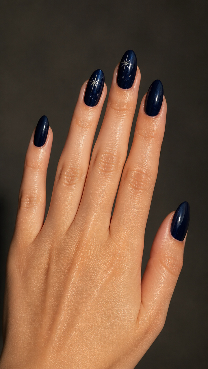 Navy Almond Nails with Silver Star Details