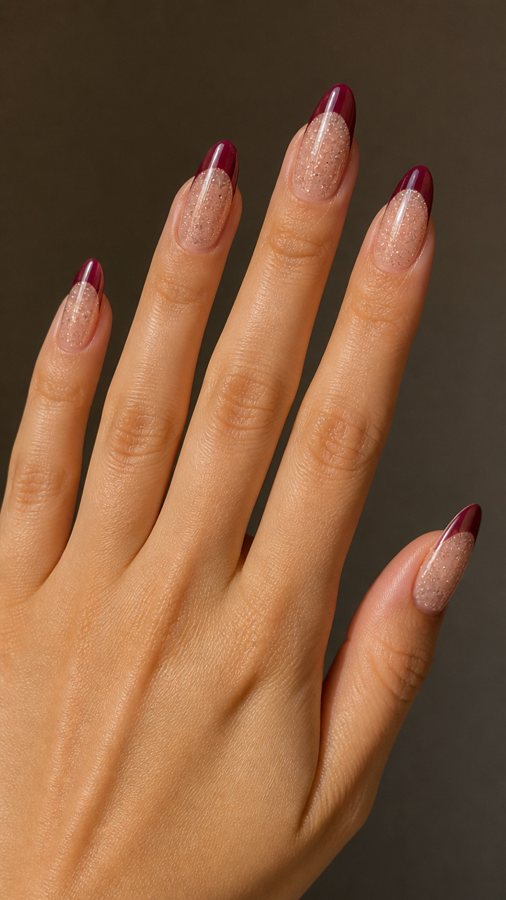 Cranberry Almond Tips with Clear Glitter Base