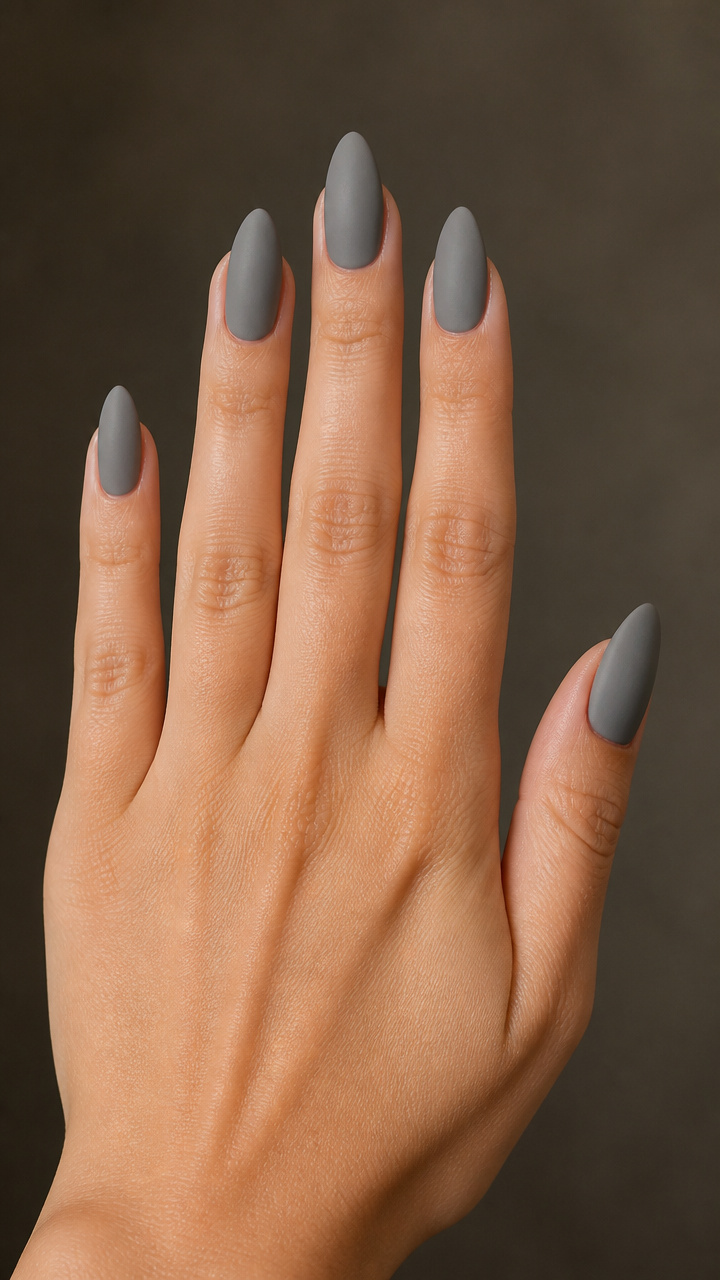 Ash Gray Almond Nails with Matte Finish