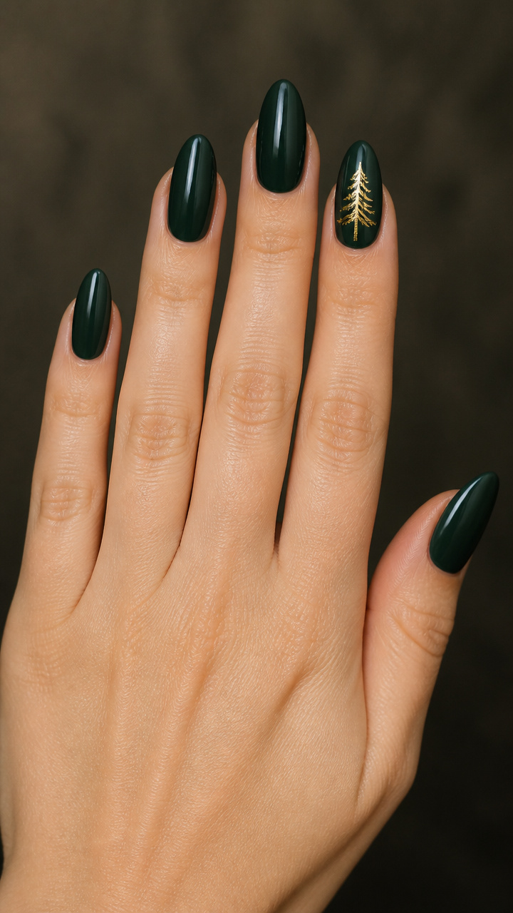 Evergreen Almond Nails with Gold Tree Art