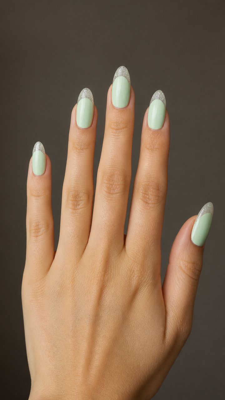 Mint Green Almond with Clear Glitter Tips