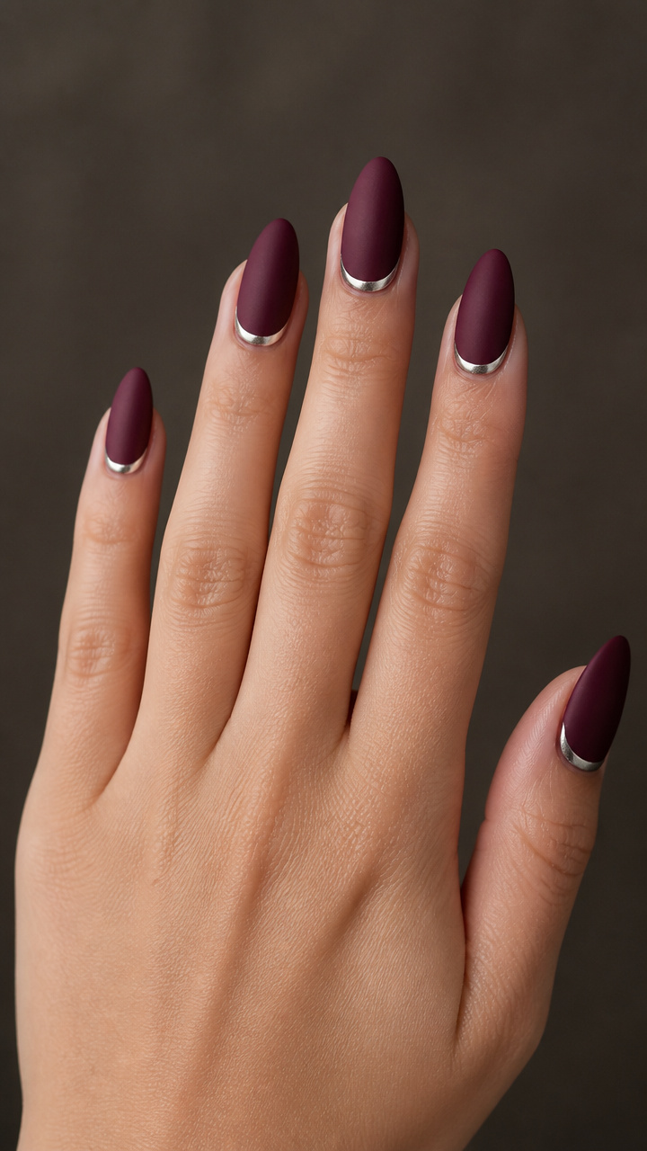 Deep Plum Matte Almond with Silver Accent