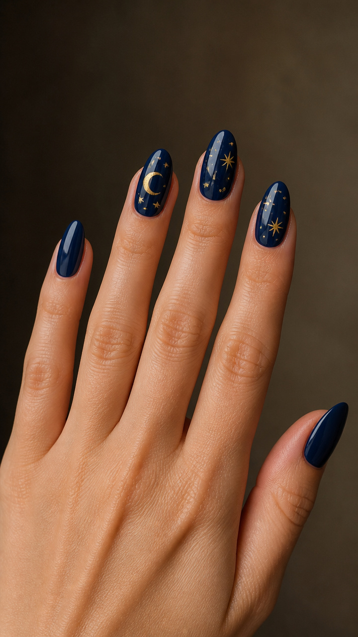 Navy Blue Almond with Moon and Star Accents