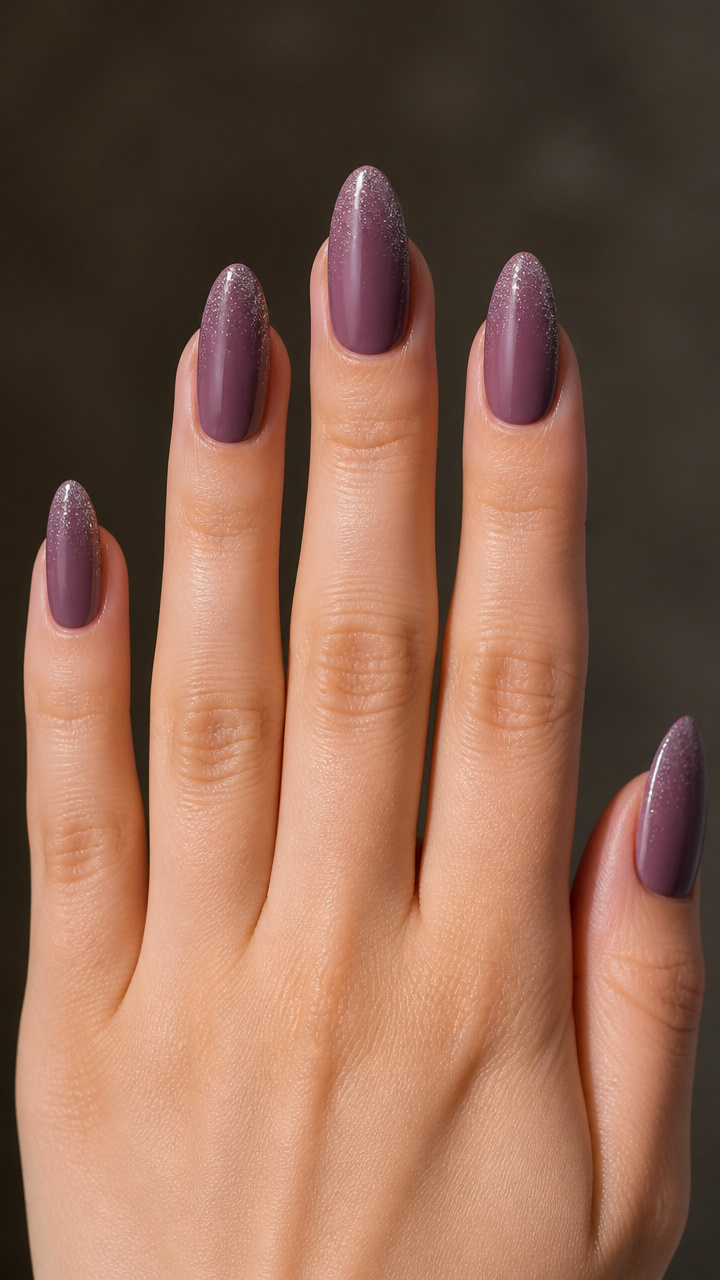 Frosted Grape Almond Nails with Micro Glitter Tips