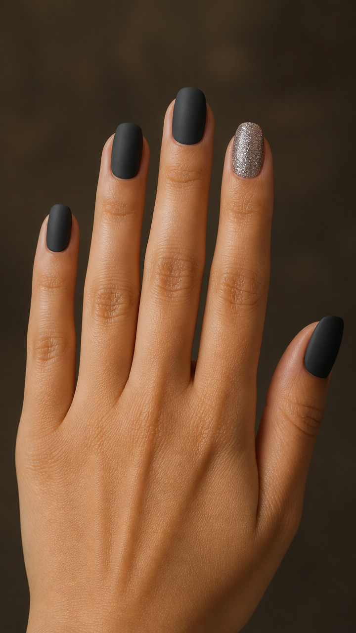 Charcoal Base with Single Glitter Accent Nail