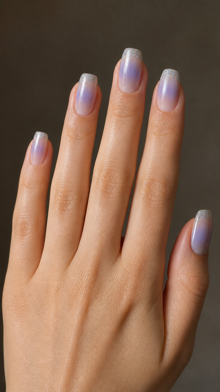 Icy Lavender Ombré with Clear Glitter Tips
