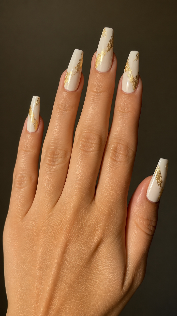 Creamy White Coffin with Feathered Gold Leaf