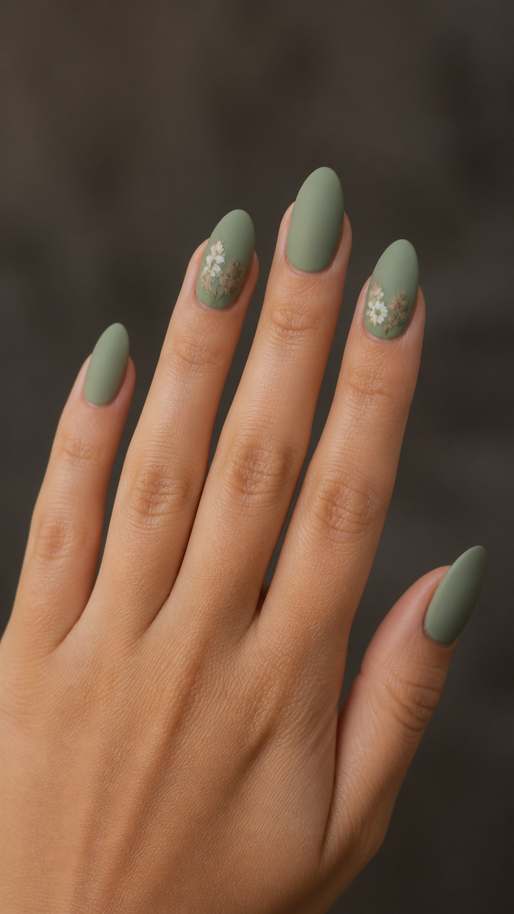 Sage Green Matte with Tiny Press-On Florals