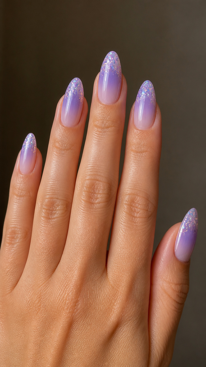 Frosted Lavender Ombré with Iridescent Glitter Tips