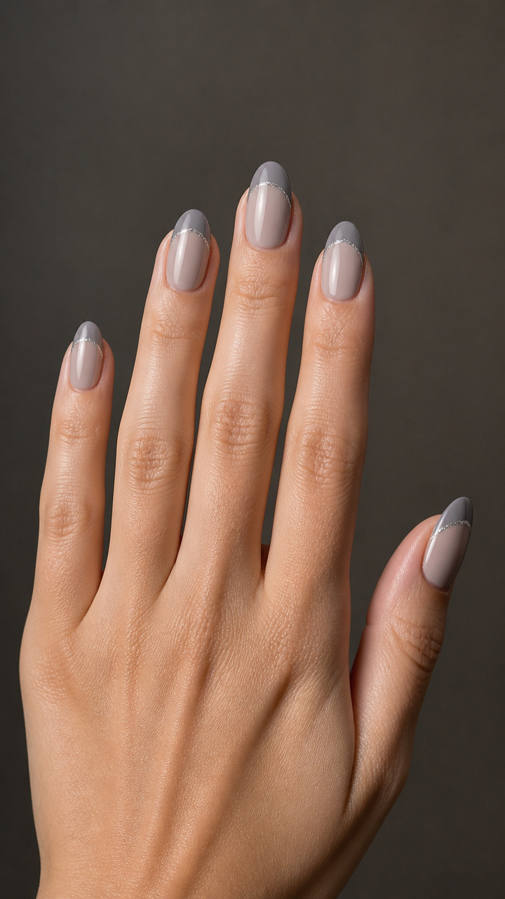 Soft Grey French Tips with Sparkle Smile Line