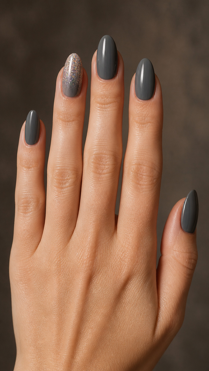 Soft Gray With One Glitter Gradient Nail