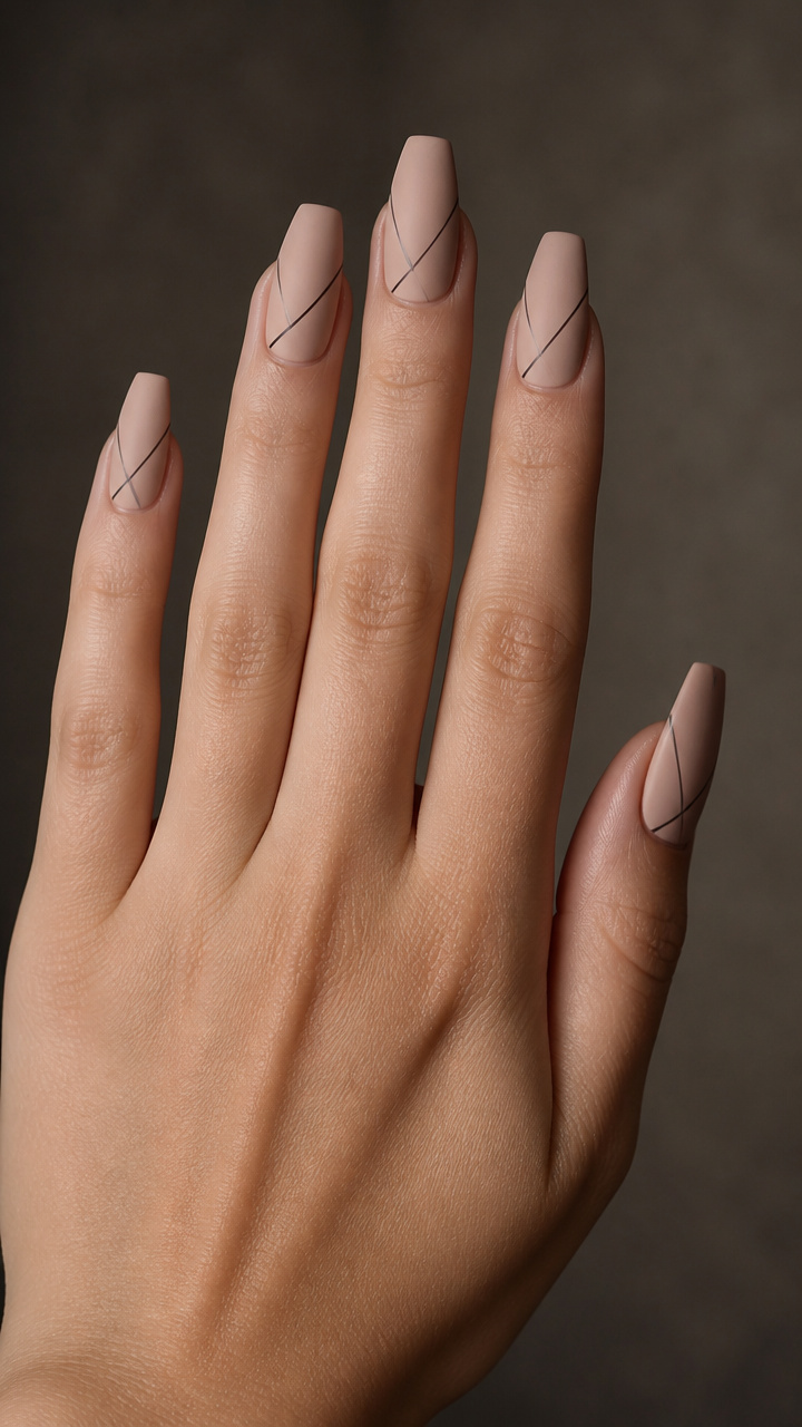 Charcoal Fine Line Art on Nude Coffin Nails