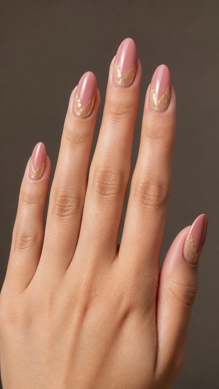 Dusty Rose Almond Tips with Gold Foil