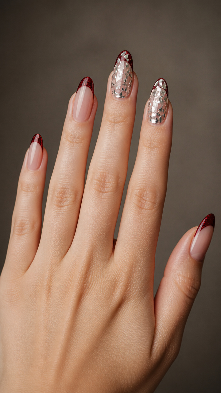 Red Velvet Tips Meet Shattered Glass Silver