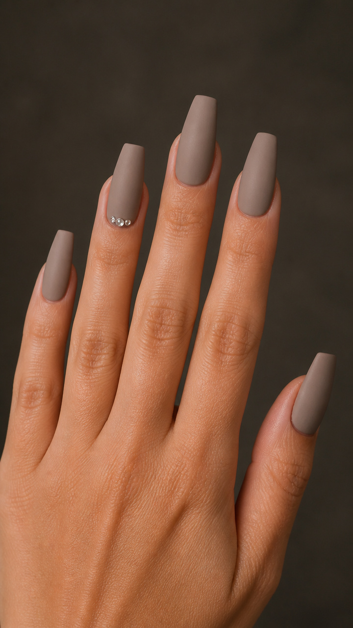Taupe Coffin Nails with Micro Rhinestone Accent