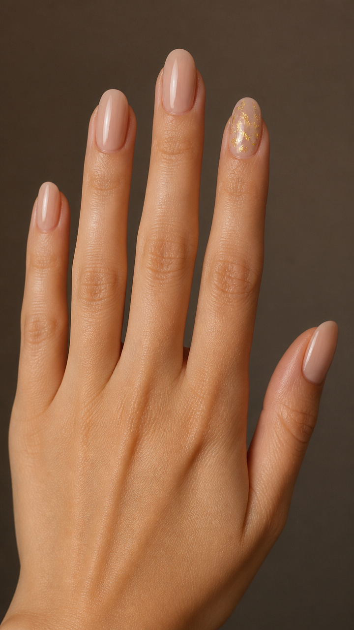 Nude Glossy Coats with One Gold Foil Nail