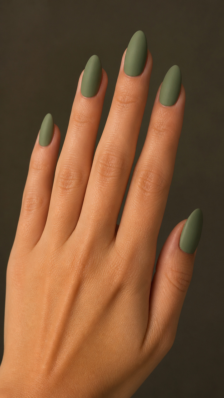 Sage Green Almond Nails with Matte Top