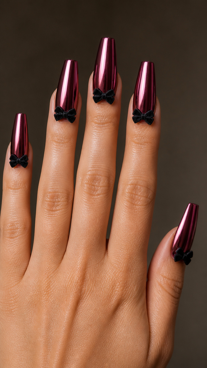 Coffin Nails with Velvet Bows and Chrome Base