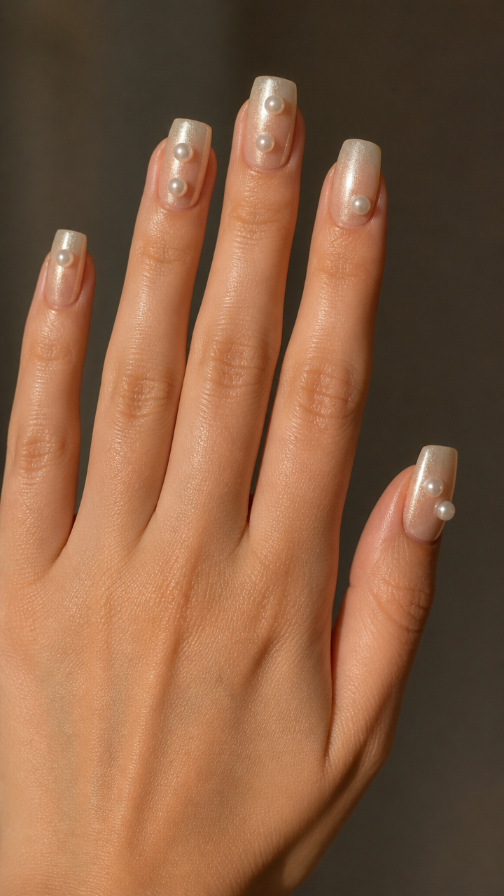 Champagne Square Nails with Floating Pearls