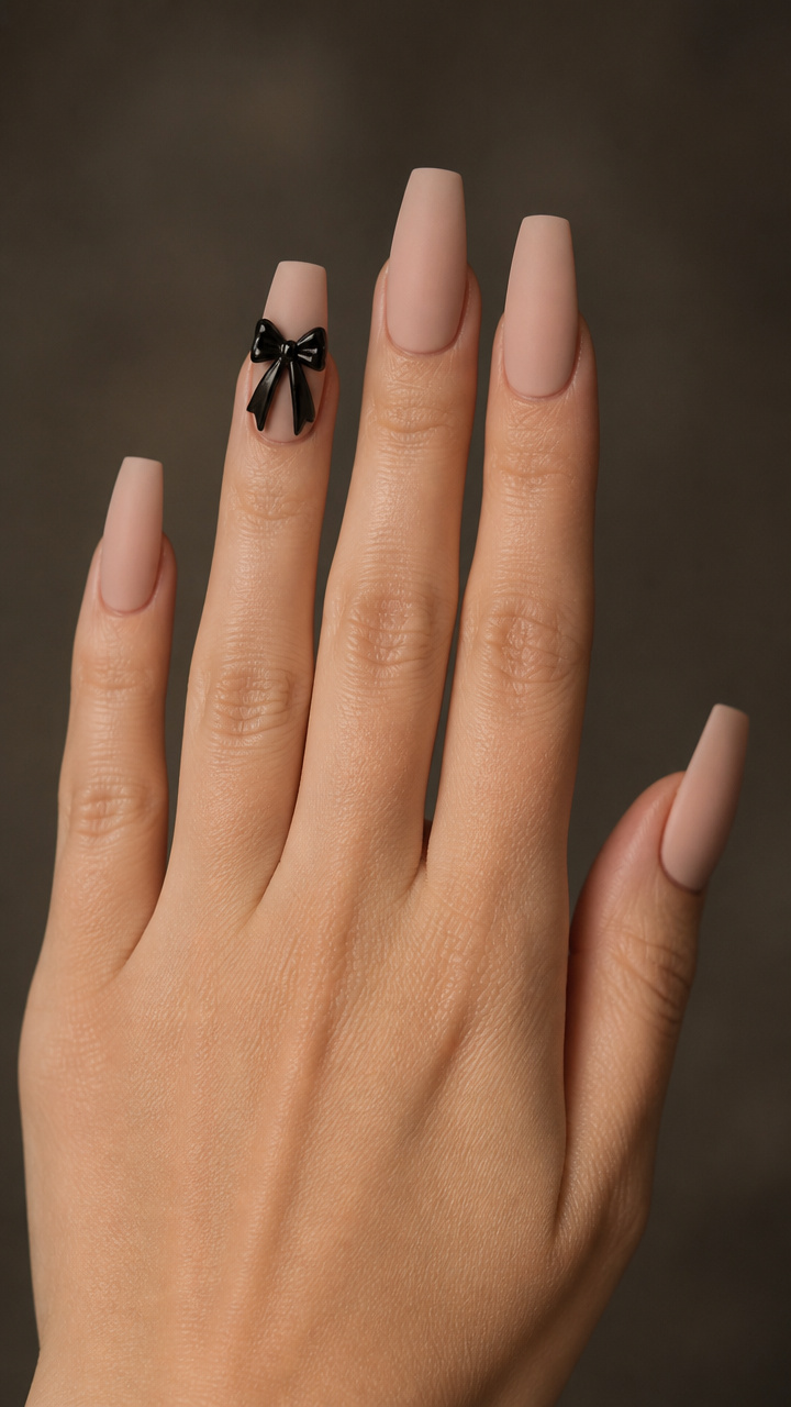 Black Bow Statement Nail on Nude Coffin Base